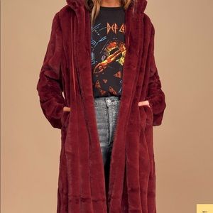 Red wine faux fur long coat from Lulus